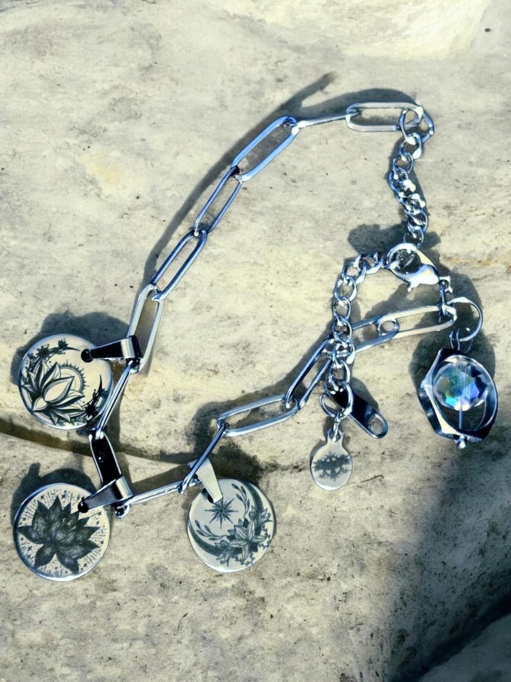 Artisan Lotus Link Bracelet with Faceted Crystal Charm